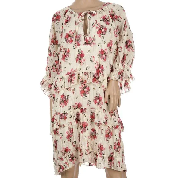 POL Floral Print Tiered Ruffle Trim Hem Mini Dress Large - Picture 2 of 9